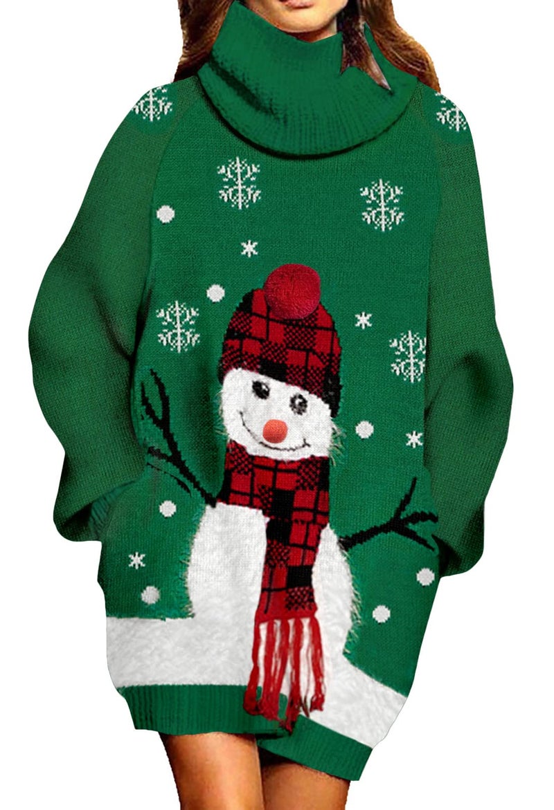 Pink Queen Women Christmas Santa Hat Snowman Turtleneck Pullover Sweater Dress Dark Green XL - Image 1